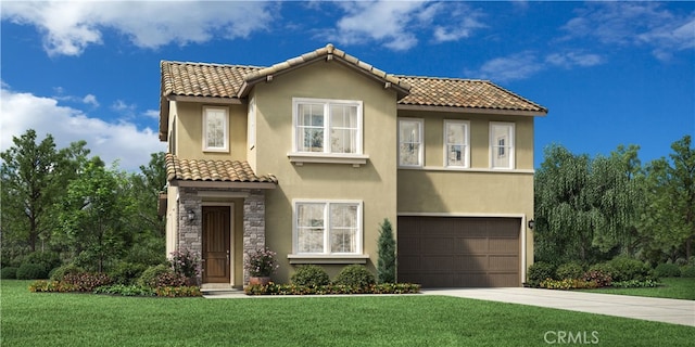 mediterranean / spanish house featuring driveway, a garage, a front yard, and stucco siding