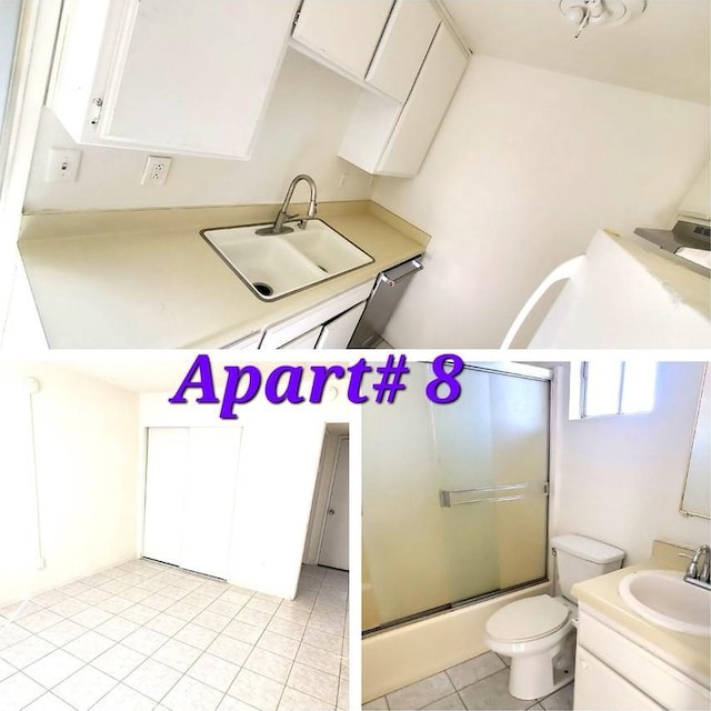 full bathroom featuring vanity, an enclosed shower, toilet, and tile patterned floors