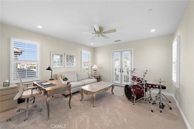 living area featuring baseboards, a ceiling fan, light colored carpet, french doors, and recessed lighting