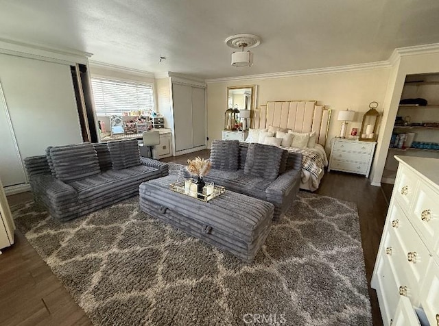 interior space featuring dark wood-style floors and crown molding