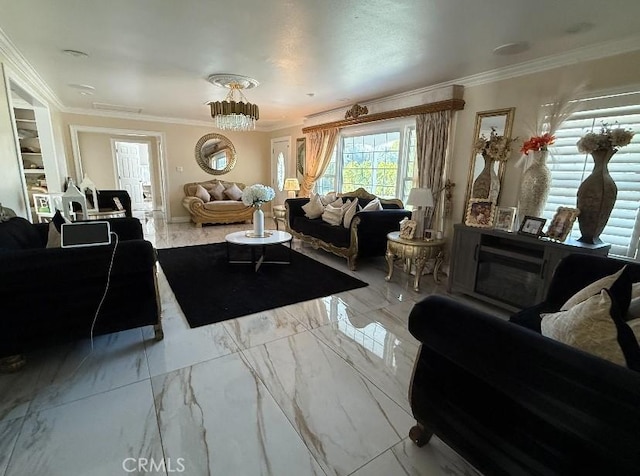 living room featuring ornamental molding and marble finish floor