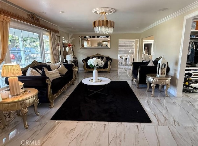 living area featuring a notable chandelier, marble finish floor, ornamental molding, and baseboards