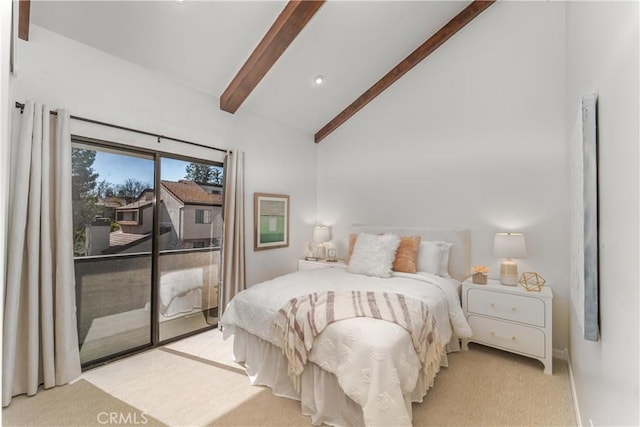 bedroom with light carpet, access to outside, high vaulted ceiling, and beamed ceiling