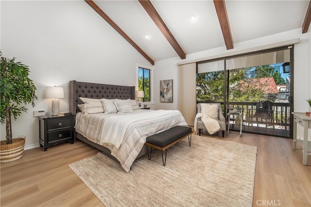 bedroom with baseboards, access to exterior, light wood-type flooring, high vaulted ceiling, and beam ceiling