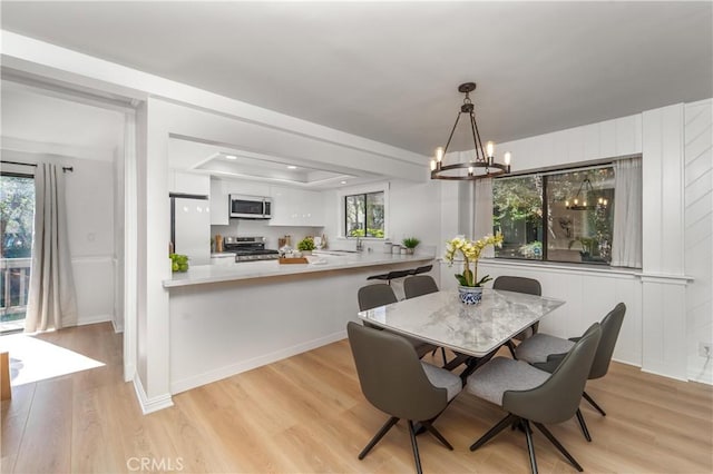 dining room featuring light wood-style floors, baseboards, a chandelier, and a raised ceiling