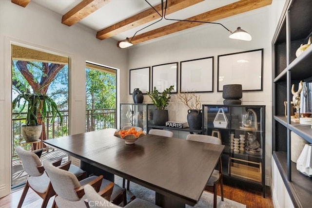 dining area featuring wood finished floors and beam ceiling