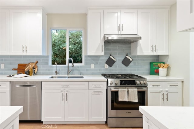 kitchen featuring white cabinets, under cabinet range hood, stainless steel appliances, and a sink