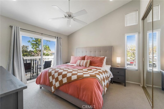 bedroom featuring light colored carpet, a ceiling fan, baseboards, vaulted ceiling, and access to outside