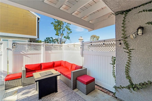 view of patio / terrace featuring a fenced backyard and an outdoor living space