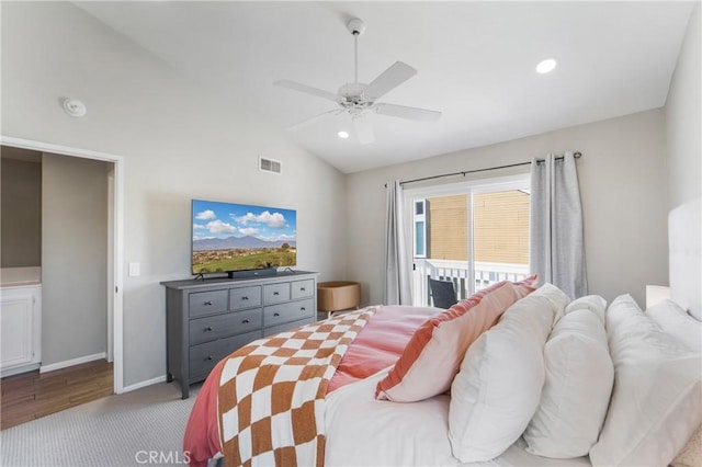 bedroom with baseboards, visible vents, lofted ceiling, ceiling fan, and access to exterior