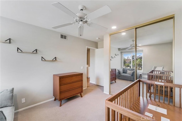 carpeted bedroom with recessed lighting, a ceiling fan, visible vents, baseboards, and a closet