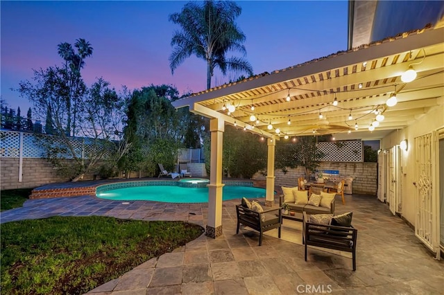 view of swimming pool featuring a fenced backyard, a patio area, a pool with connected hot tub, outdoor lounge area, and a pergola