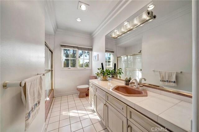 full bathroom featuring an enclosed shower, crown molding, tile patterned flooring, vanity, and toilet
