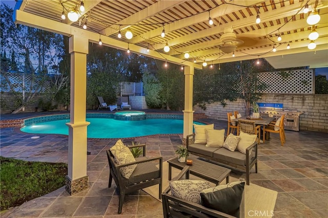view of pool with an outdoor living space, a pool with connected hot tub, a fenced backyard, a patio, and a pergola