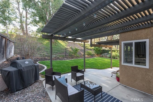 view of patio featuring a fenced backyard, an outdoor living space, area for grilling, and a pergola