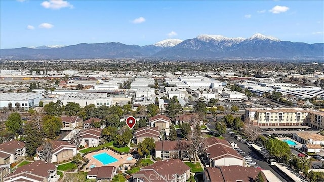 aerial view featuring a residential view and a mountain view