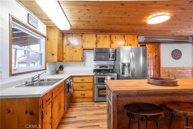 kitchen with appliances with stainless steel finishes, a sink, wood counters, light wood-type flooring, and wooden ceiling