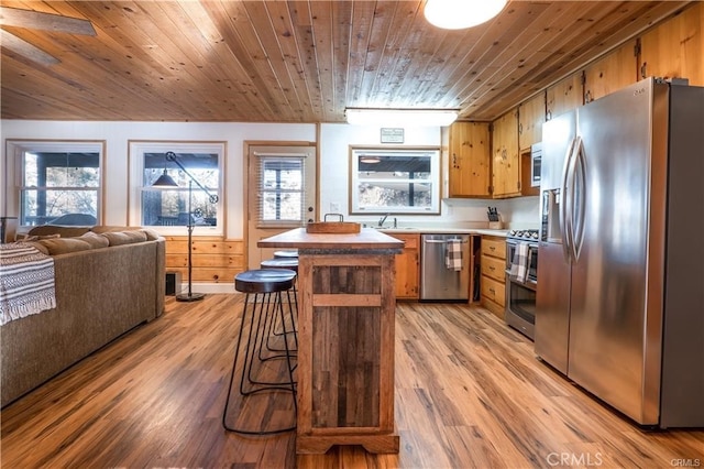 kitchen with light wood finished floors, a kitchen island, open floor plan, stainless steel appliances, and light countertops