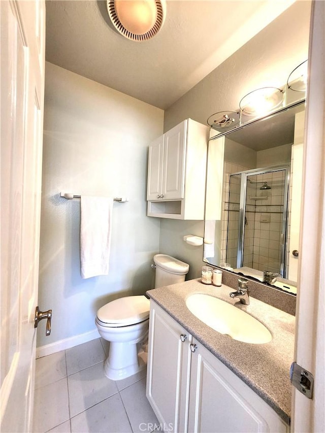 full bathroom featuring vanity, visible vents, a stall shower, tile patterned flooring, and toilet