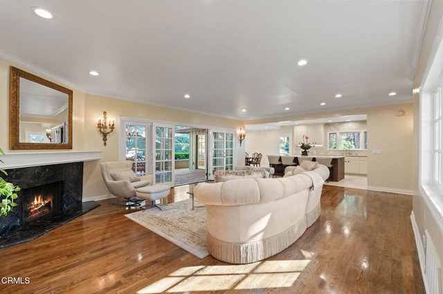 living area with ornamental molding, wood finished floors, a high end fireplace, and recessed lighting