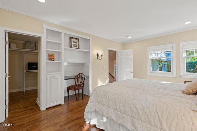 bedroom with recessed lighting, wood finished floors, and crown molding