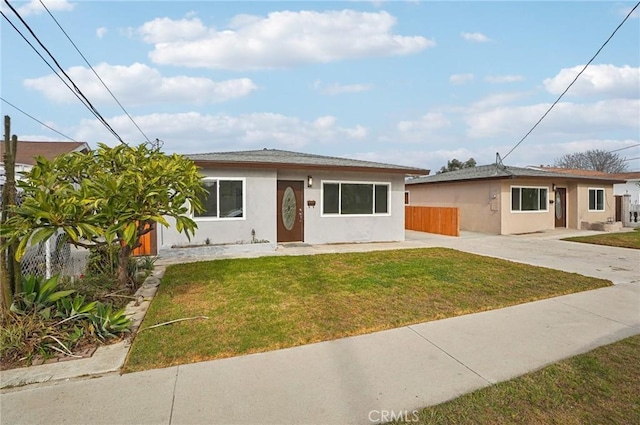 view of front of home featuring fence, a front lawn, and stucco siding