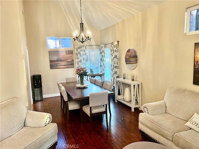 dining room with a chandelier, lofted ceiling, dark wood finished floors, and baseboards