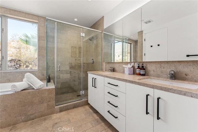 bathroom featuring a healthy amount of sunlight, a sink, and decorative backsplash