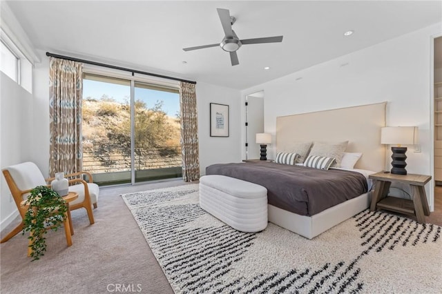 bedroom featuring a ceiling fan, access to outside, light carpet, and recessed lighting