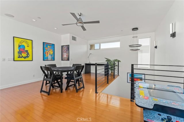 dining space featuring recessed lighting, a ceiling fan, baseboards, visible vents, and light wood-style floors