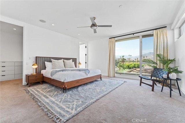 bedroom with carpet floors, recessed lighting, a ceiling fan, and access to exterior