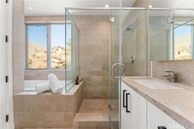 bathroom featuring a healthy amount of sunlight, a shower stall, decorative backsplash, and vanity