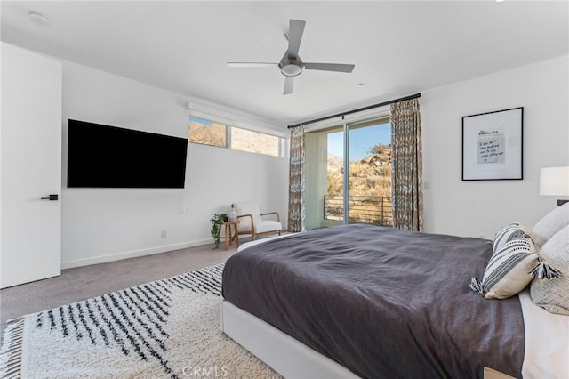 bedroom featuring carpet floors, ceiling fan, baseboards, and access to outside