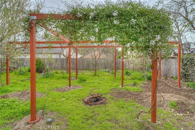 view of yard with an outdoor fire pit and a fenced backyard