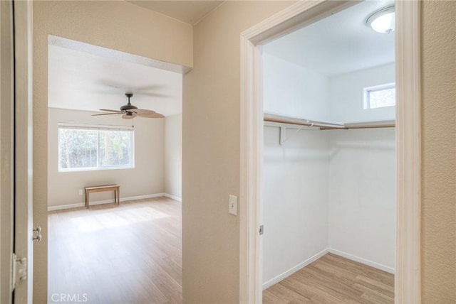 interior space featuring a ceiling fan and wood finished floors