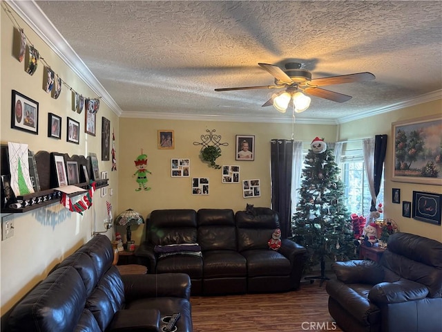 living room with a textured ceiling, ornamental molding, and wood finished floors