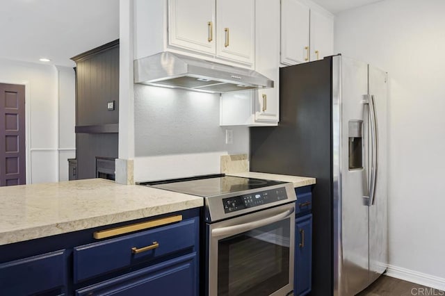 kitchen featuring light countertops, white cabinets, stainless steel electric range oven, and under cabinet range hood