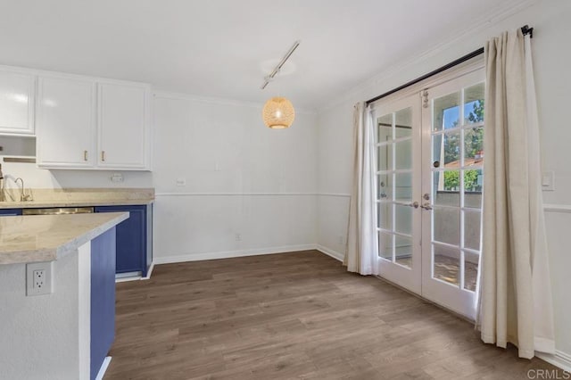 interior space with a sink, french doors, dark wood finished floors, rail lighting, and crown molding