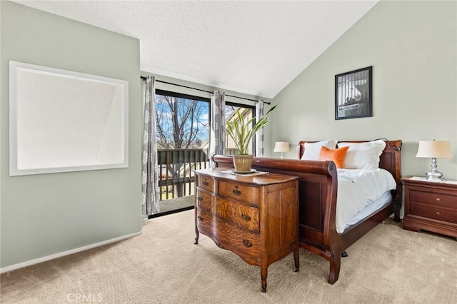 bedroom with access to exterior, lofted ceiling, light colored carpet, a textured ceiling, and baseboards