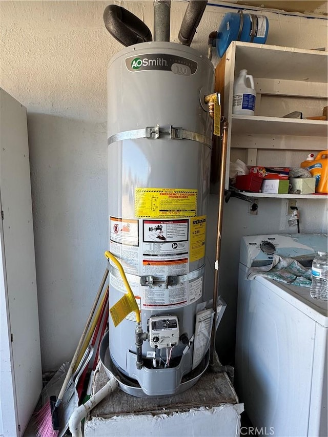 7687 Chase Ave, Hesperia, CA 92345 - utility room featuring strapped water heater and washer / dryer