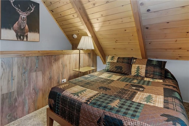 bedroom featuring vaulted ceiling with beams and wood ceiling