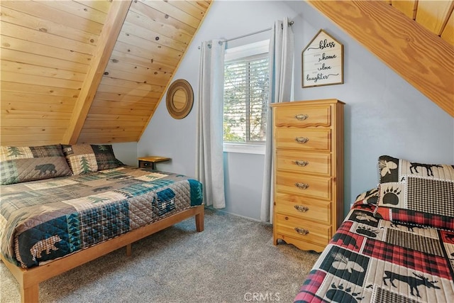 bedroom featuring carpet, wood ceiling, and lofted ceiling with beams