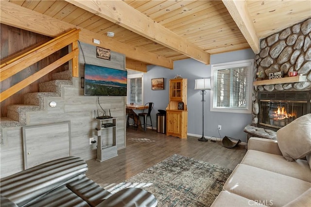 living room with dark wood-style flooring, wooden ceiling, and a fireplace