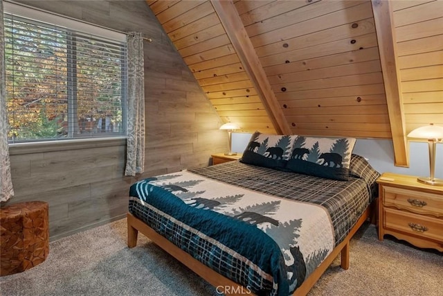 bedroom featuring vaulted ceiling with beams, wooden ceiling, wooden walls, and light colored carpet