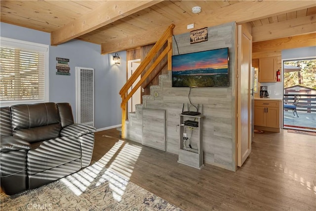 living room with visible vents, dark wood-style flooring, wooden ceiling, and beam ceiling