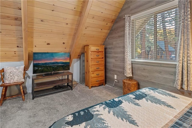 bedroom featuring wood ceiling, carpet flooring, vaulted ceiling with beams, and wooden walls