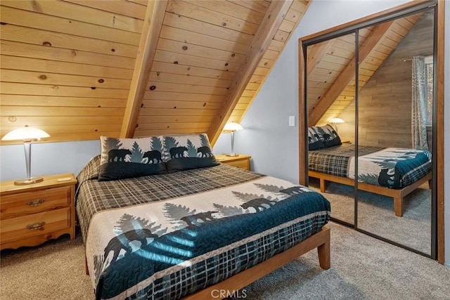 carpeted bedroom featuring a closet, wooden ceiling, and lofted ceiling with beams