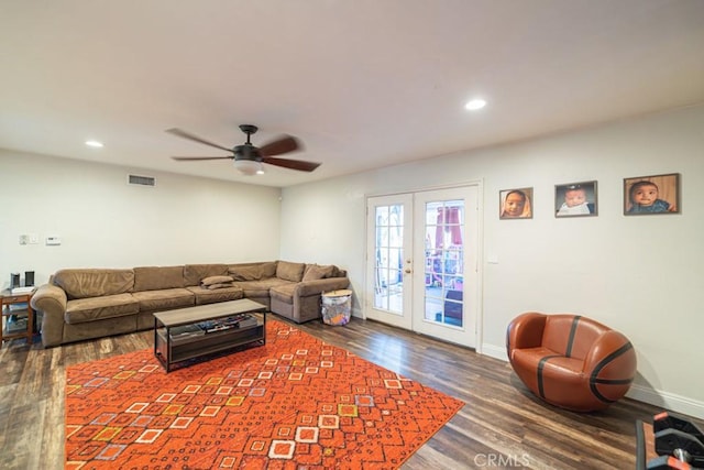 living room featuring recessed lighting, visible vents, baseboards, french doors, and dark wood finished floors