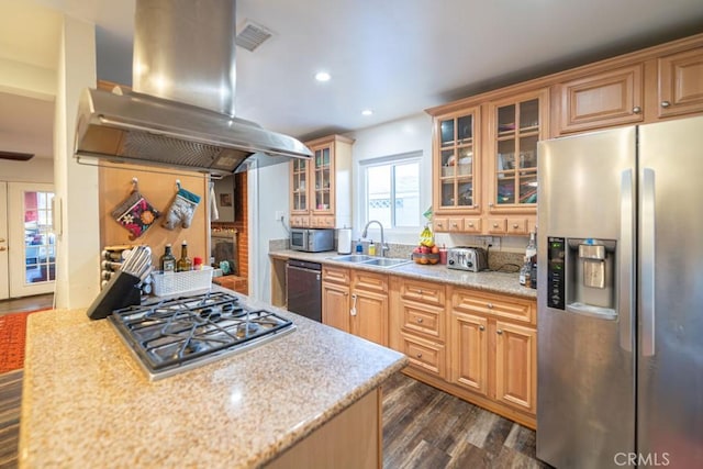 kitchen with stainless steel appliances, dark wood-type flooring, a sink, island exhaust hood, and glass insert cabinets