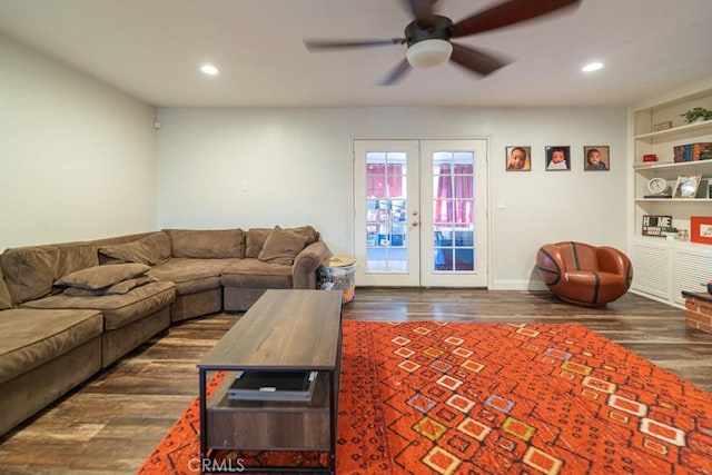 living room with recessed lighting, dark wood-style flooring, a ceiling fan, baseboards, and french doors